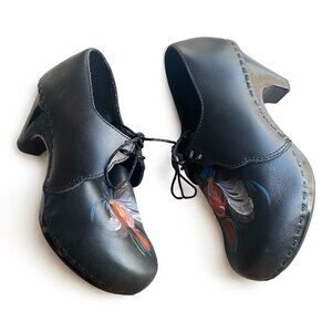 Anthropologie Asa Westlund Black Leather Floral Hand Painted High Heel Clogs 5.5
